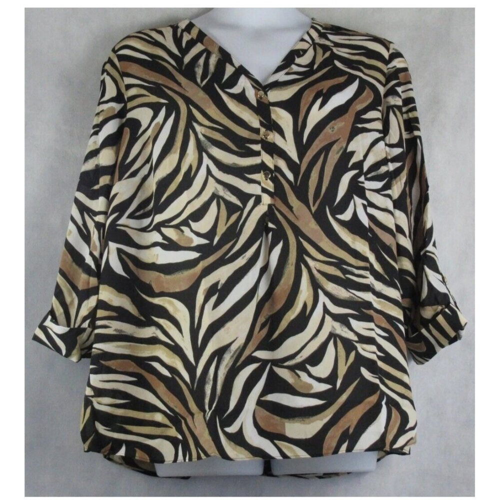 JM Collection Women's Plus Size Long Roll-Tab Sleeves Top, Animal Print, 3X